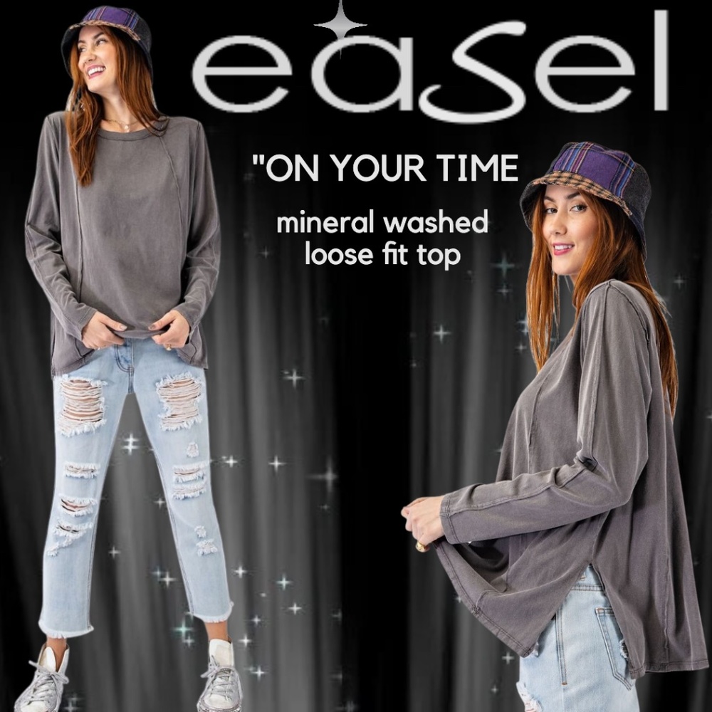 EASEL "On Your Time" Washed Cotton Slouchy Raw Distressed Seams Top Long Sleeves
